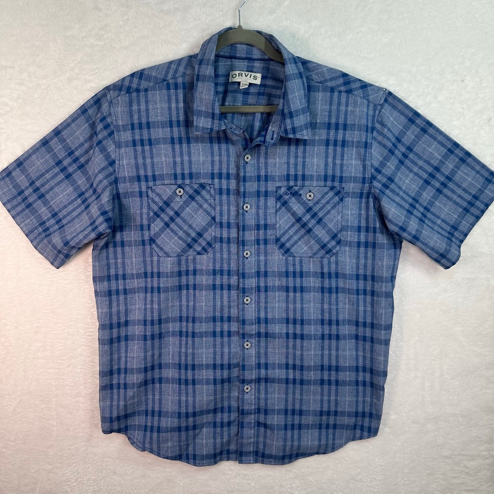 Orvis Shirt Mens XL Blue Plaid Short Sleeve Button Up Polyester Outdoor